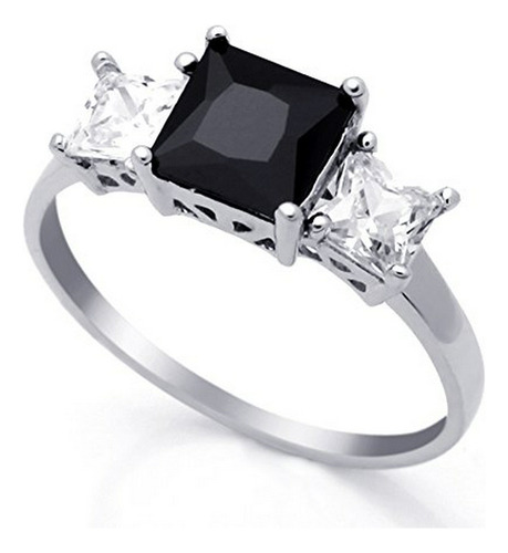 Anillo De Plata Esterlina En Blanco Y Negro Princess Cz Thr