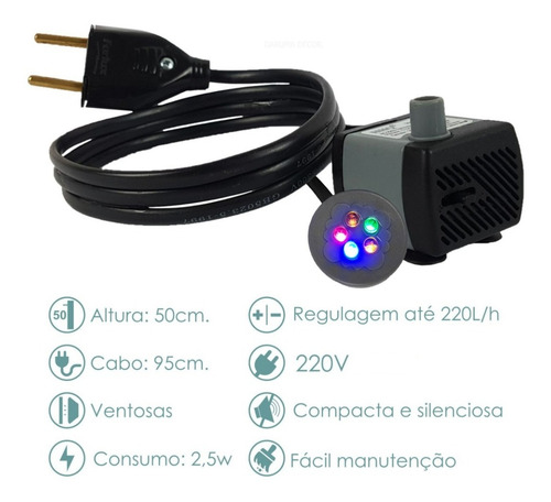 Bomba Motor Submersa Luz Fonte Água Aquário Bombinha Led