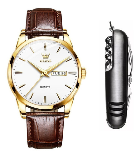 Relógio Masculino De Luxo Dourado Olevs Casual + Canivete Cor da correia Marrom Cor do fundo Branco