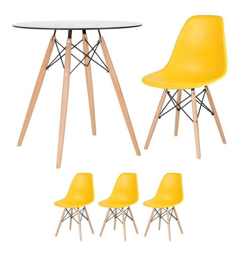 Mesa De Vidro Eames 70 Cm + 3 Cadeiras Eiffel Dsw Cor Amarelo
