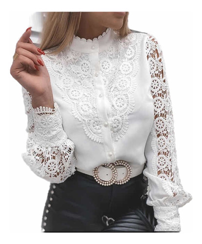 Blusa Blanca Encaje En Manga Larga Elegante Camisa Girlboss