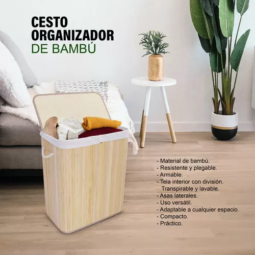 Cesto doble ropa sucia bambú natural tela blanca 580x400x600mm