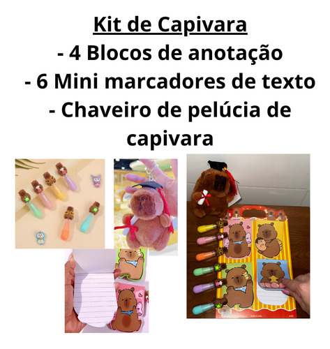 Kit Capivara Papelaria Fofa Caderninho+ Canetinha + Chaveiro
