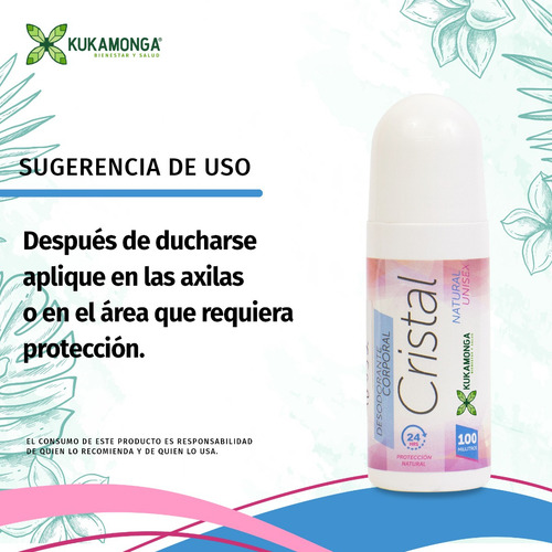 Desodorante Natural Roll On Unisex 24 Hrs, Cristal -100 Ml