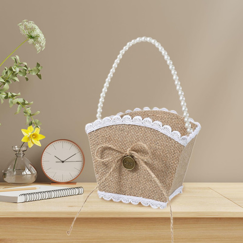 Cesta De Arpillera Para Niña De Con Lazo Rústico Para