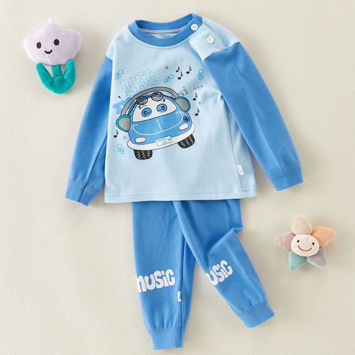 2 Piezas Traje Infantil De Algodón De Manga Larga Estampado Azul Acero Huella Animal 9-12 Meses