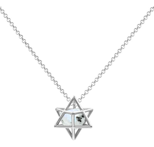 Dije Merkabah Y Cadena De Plata Con Piedra Luna Chica Color Blanco