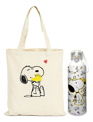 Tote Bag Bolsa Snoopy C + Botella En Aluminio - Estampaking