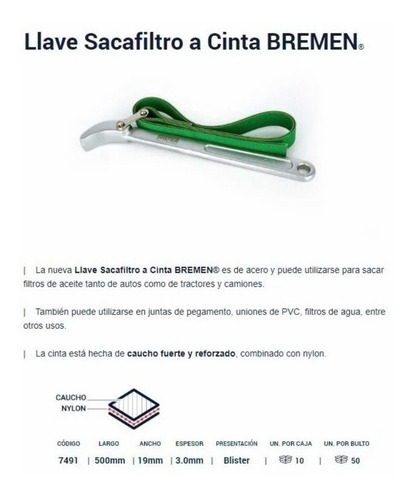 Imagen 2 de 4 de Llave Saca Filtro Aceite A Cinta Camion Tractor Bremen 7491