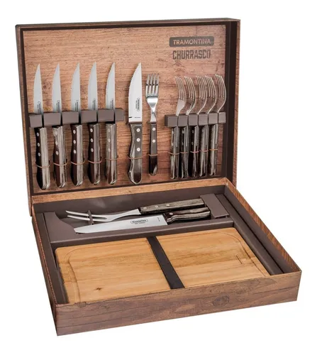 Kit Churrasco Polywood Aço Inox 15 Peças Tábua Tramontina
