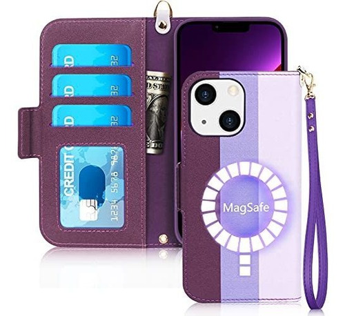 Funda Para iPhone 13 Cuero 3 Tonos Purpura, Tarjetero Correa