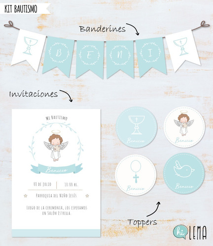 Kit Imprimible Bautismo Celeste Deco + Candy Bar