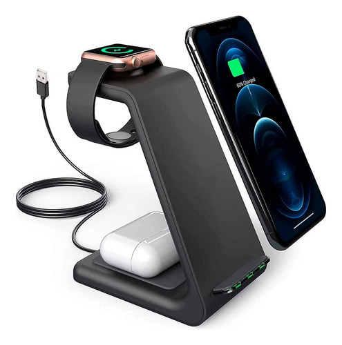 Cargador Inalámbrico 3 En 1 Lunox P/iphone, Watch Y Airpods Negro