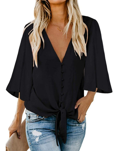 Blusa Blazer Manga Três Quartos Com Gravata Em V