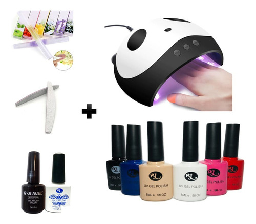 Kit Gelish (gama 6pzas)+lámpara Panda Led Uv+base+top+lima