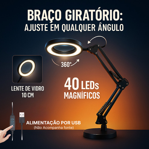 Lupa Com Led De Bancada Lente Monofocal Com Aumento De 8d