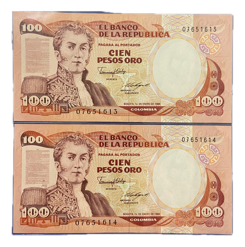 2 Billetes Consecutivos De 100 Peso Oro Colombia