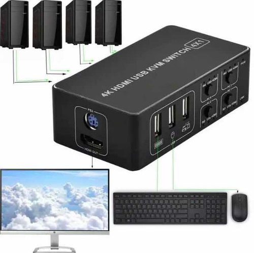 Kvm 4 Puertos Hdmi Usb Comparta Un Monitor Tecl Mouse C 4 Pc