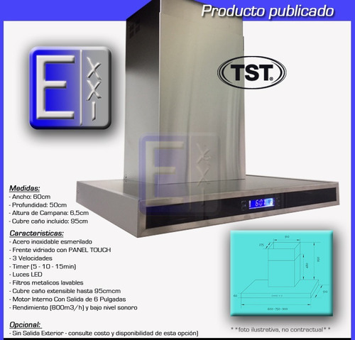 Imagen 4 de 10 de Campana Tst Colhue 60cm Touch - Pared Acero - Ahora 18