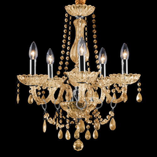 Lustre De Cristal Legítimo 5 Braços Âmbar Champagne Clássico E-14 Sala Jantar Candelabro Maria Thereza LLUMM Bronzearte