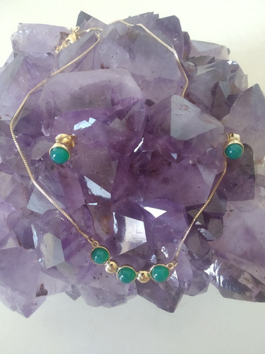 Conjunto Semi Joia Banho Ouro E Pedra Ágata Verde
