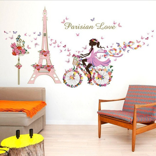 Imagen 1 de 7 de Vinilo Decor Sticker Pared - Paris Love Rosa Bici Hada Flor