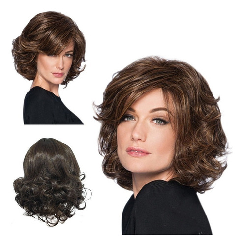 Peluca Cabello Ondulado Corto Mullido Castaño Mujer