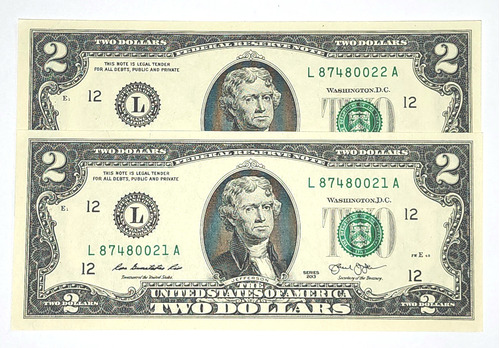 2 Billetes De 2 Dólares De Estados Unidos 