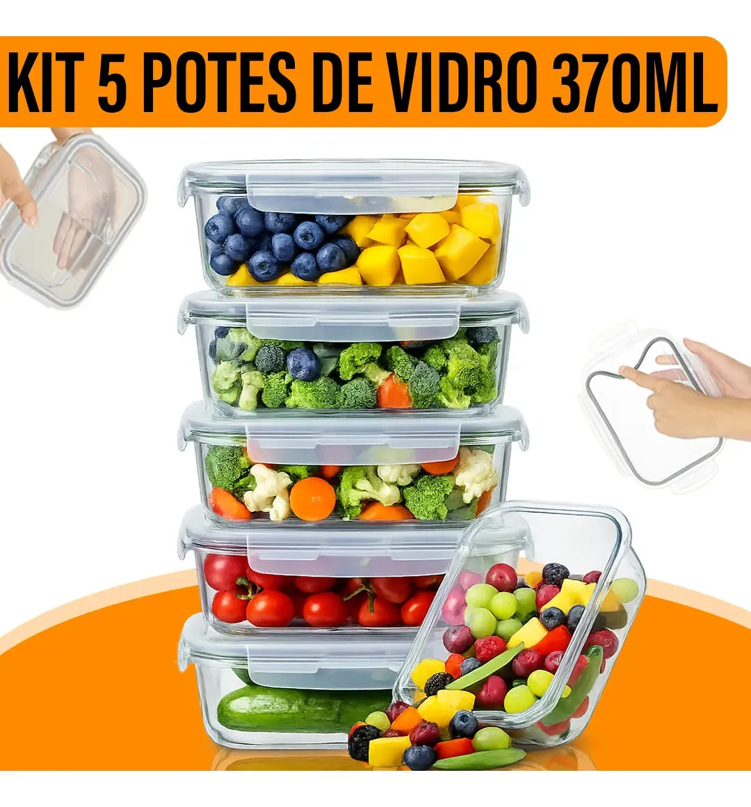 Kit 5 Potes de Vidro Yab 640ml Borossilicato 4 Travas