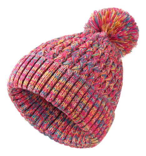 Gorro De Invierno Para Mujer, Gorro De Punto Con Pompón Rosa Rojo Talla Única