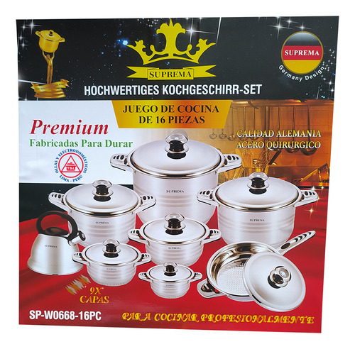 Juego De Ollas Acero Quirurgico Suprema 16 Piezas Con Tetera
