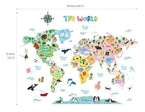 Calcomanías De Pared Mapa Mundial Animales Niños Decoración
