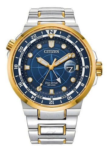Reloj Citizen Endeavor Golden Bj714452l Original Para Hombre Color de la correa Plateado/Dorado Color del bisel Dorado Color del fondo Azul