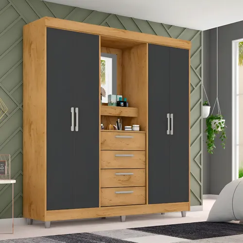 Guarda Roupa Casal 4 Portas Espelho 4 Gavetas 2218 Araplac Cor Freijocarbono
