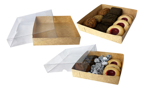 25 Caja Kraft Natural Tapa Transparente 12x12x3 Cm Mod 1466  Kraft