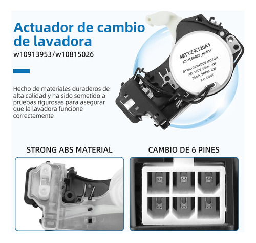 Selenoide Lavadora Compatible con Whirlpool Maytag Kenmore, 6 Pines Fivgace W10913953
