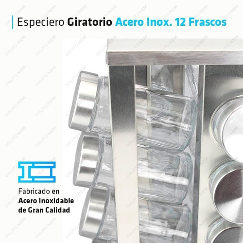 Imagen 3 de 10 de Especiero Cuadrado Giratorio Set 12 Frascos Acero Cocina Bar
