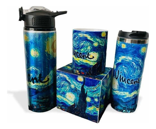 Termo + Taza + Cilindro Para Agua Noche Estrellada -van Gogh Color Verde Liso