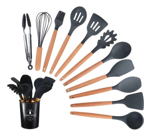 Set 12 Utensilios Cocina Mango Silicona Y Madera Repostería