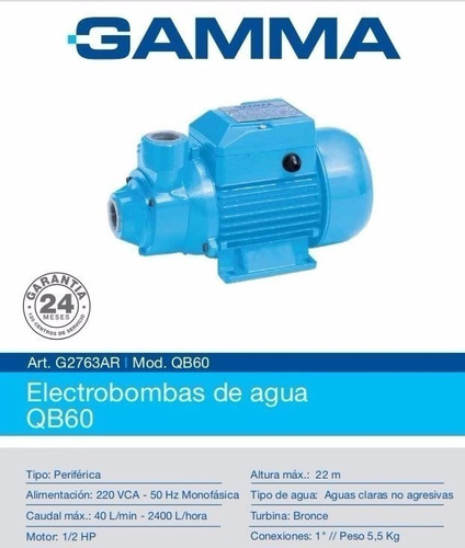 Bomba Agua Periférica Extracción Gamma Qb60 1/2 Hp G2763ar Color Celeste Fase eléctrica Monofásica Frecuencia 60 Hz