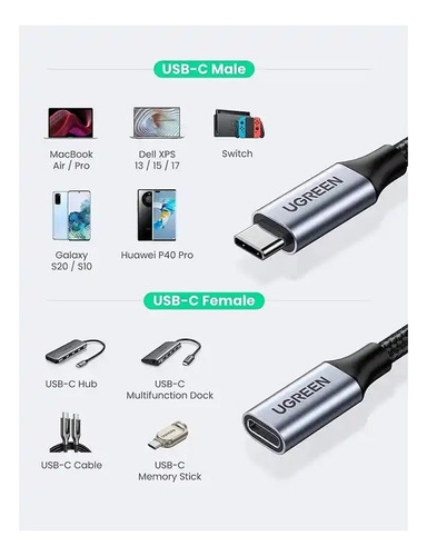 Cable Extensión Ugreen Usb C 3.1 Gen 2, Macho A Hembra, 1m