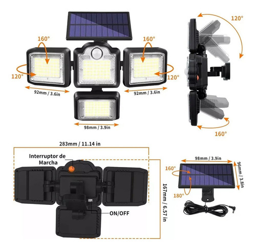 . 192 Led Lámpara Focos Solar De Pared Exteriores Sensor Luz