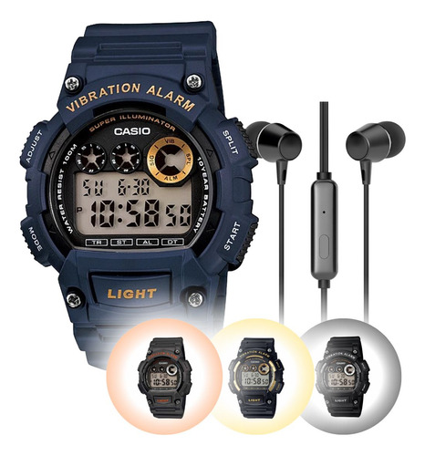 Kit Relógio Pulso Casio Masculino Digital + Fone De Ouvido Cor W-735h-2avdf - Azul