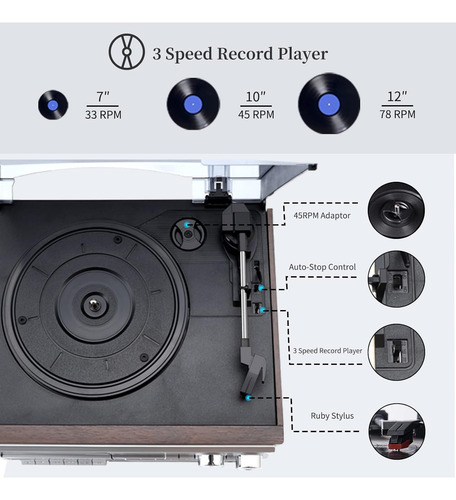 Tocadisco Musitrend 9 Em 1, 3 Velocidades, Bt, Usb, Marron