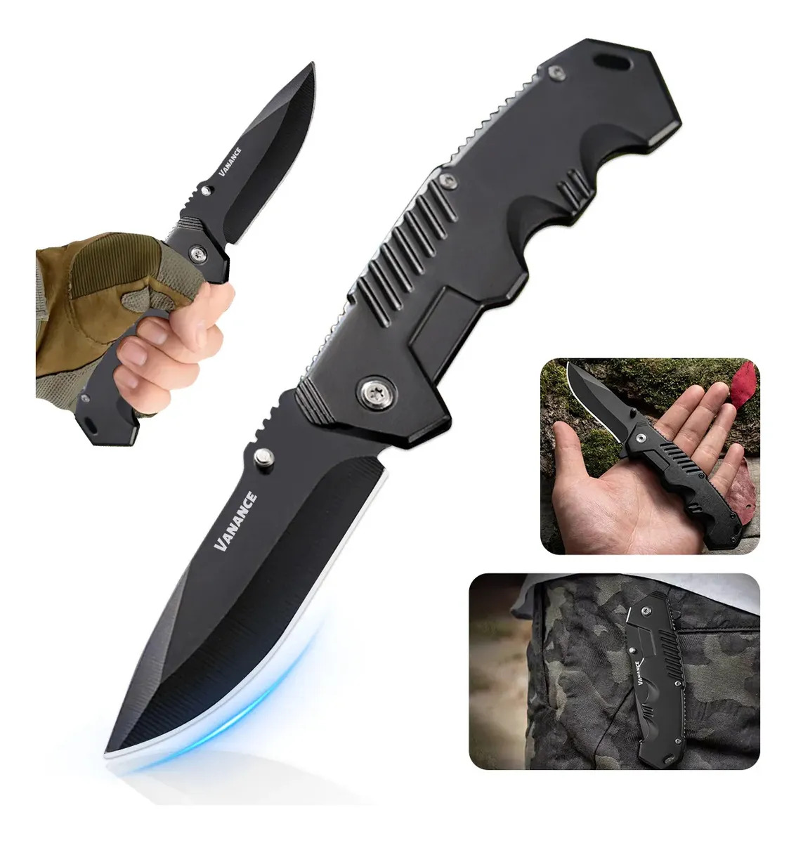 Vanance® Cuchillo Táctico De Camping Plegable Y Portátil Accesorios VAN05520 Tacticos Supervivencia Navaja Militar Defensa Personal Multiherramienta Color Negro