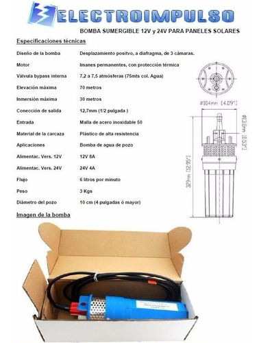 Imagen 2 de 5 de Bomba Sumergible 30mts 70mts Elevac 12v 24v