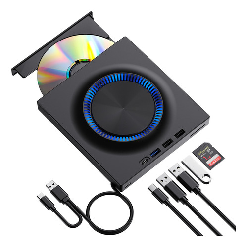 Lector Dvd Externo Quemador Cd Grabador Usb + Tipo C Color Negro