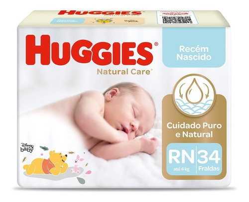 Fralda Descartável Infantil Huggies Natural Care Recém-Nascido RN Pacote 34 Unidades