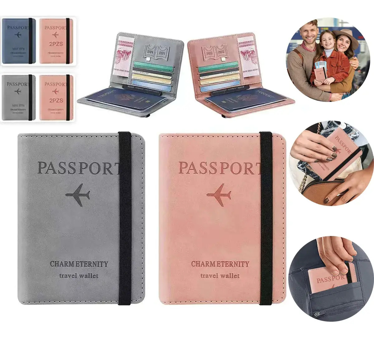 Funda para Pasaporte RFID Cuero 2 Piezas Gris y Rosa MHUITW