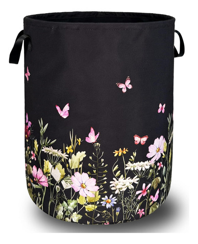 Hermosa Cesta De Lavandería De Flores Con Manijas Plegables